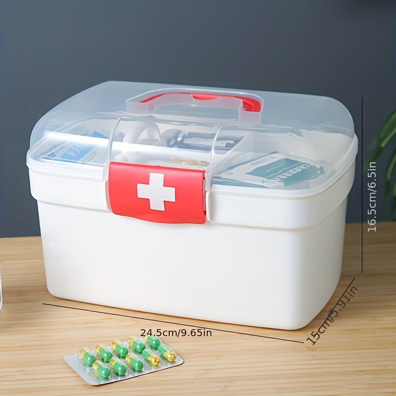 Large capacity, handheld plastic medical emergency kit with multiple compartments for home, restaurant, or outdoor use.