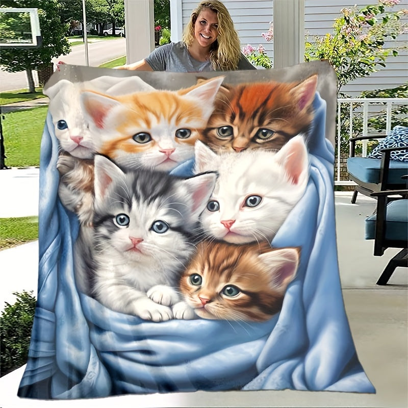 Warm Kitten Thin Blanket- 1 Piece Lightweight Flannel Throw perfect for Sofa, Bed, Travel, Camping, Living room, Office, Couch, Chair, and Bed.