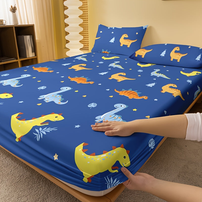 Get your hands on the adorable 1pc Cartoon Dinosaur Print Fitted Sheet for a cozy and comfortable bedding experience. This fitted sheet is made of soft brushed material that will provide the perfect protection for your mattress. Perfect for your bedroom