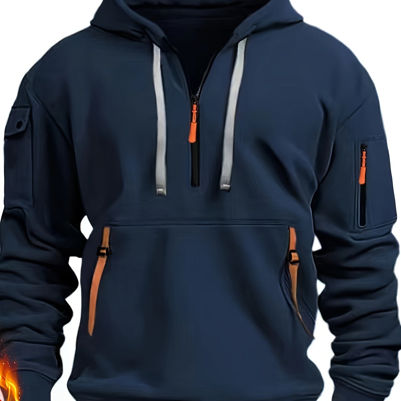 Men's navy blue fleece-lined hoodie with multiple zipper pockets, V-neck, and sporty pullover design for fall and winter.