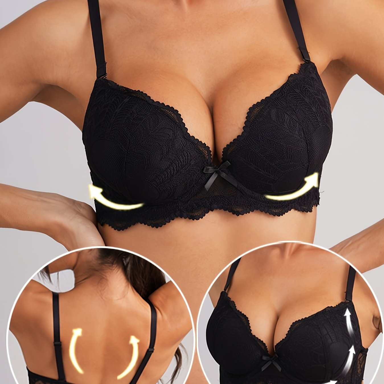 Solid lace bow underwire push up bra, comfortable and breathable women's lingerie.