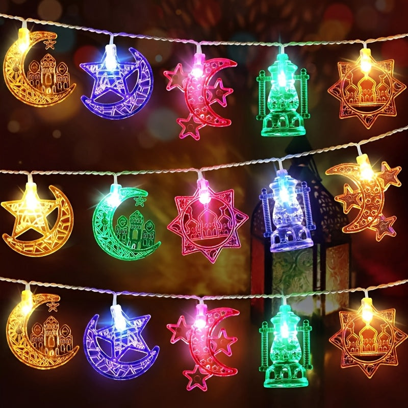 Battery-powered LED string lights with a golden Islamic-themed design featuring stars and moons, perfect for Ramadan, Diwali, and holiday décor. Made of plastic, switch-controlled, and