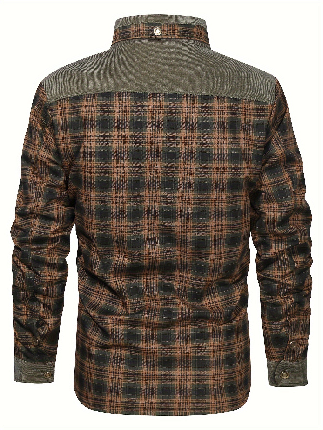 Men's Plaid Fleece-Lined Jacket - Button-Up Shacket, Fall/Winter Long Sleeves, Brown & Gray