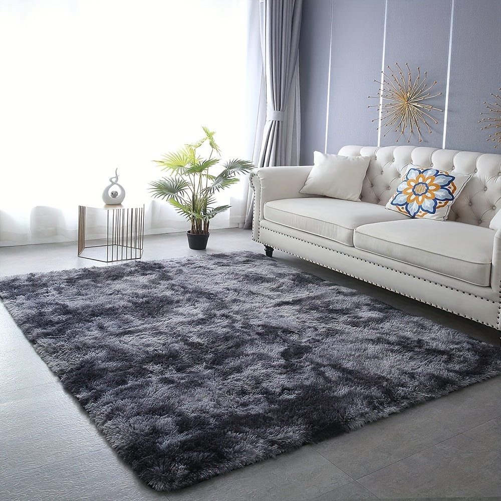 Luxurious Scandinavian-Style Black Tie-Dye Rug with Fluffy Soft Polyester, Stain-Resistant Non-Slip Carpet for Living Room, Bedroom, or Office. Perfect for All Holidays, this Machine-Made Indoor Mat adds a touch of elegance to any space.