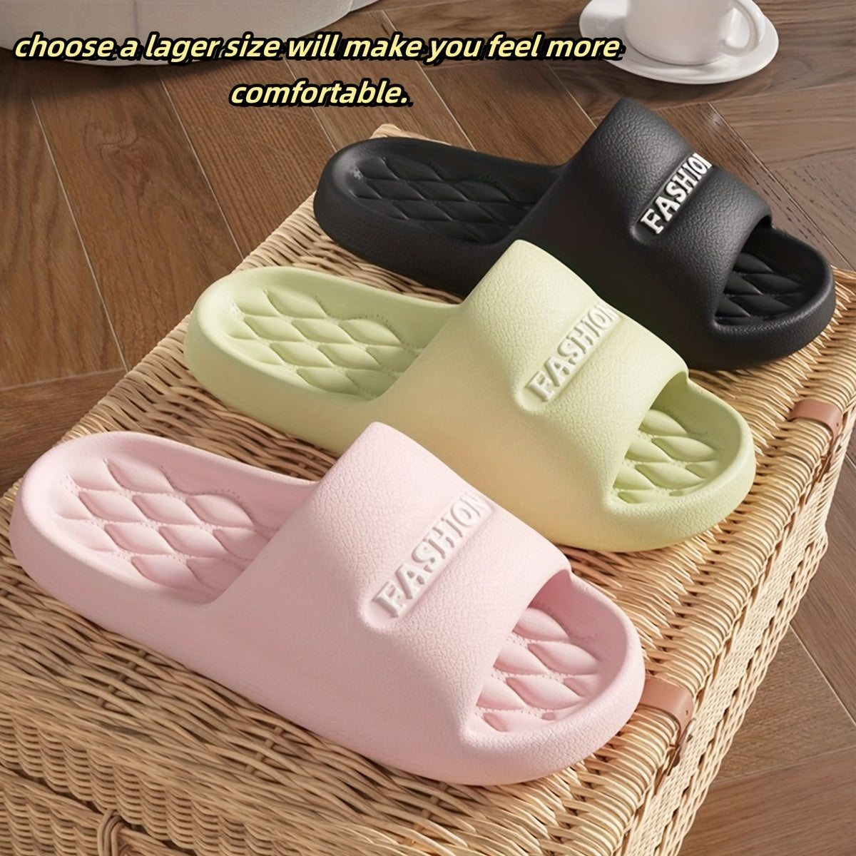 Stylish black EVA slides with thick, non-slip, odor-resistant sole for indoor/outdoor wear.