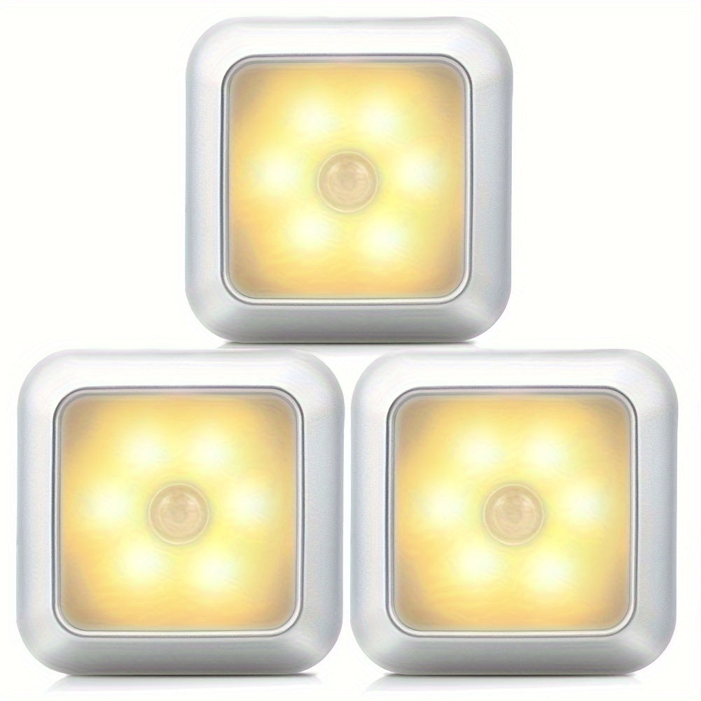 3 LED motion sensor night lights for indoor decoration in ladder bedroom, corridor, and staircase.