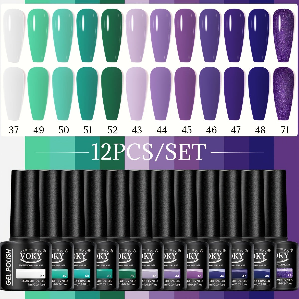 12-bottle gel polish set for fall/winter with long-lasting, semi-permanent colors and glitter. Alcohol-free formula that is low in allergy and formaldehyde-free.