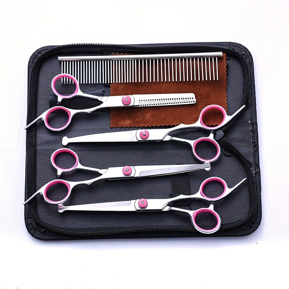 6-piece set of stainless steel pet grooming scissors for professional use at home on dogs and cats with universal hand orientation.