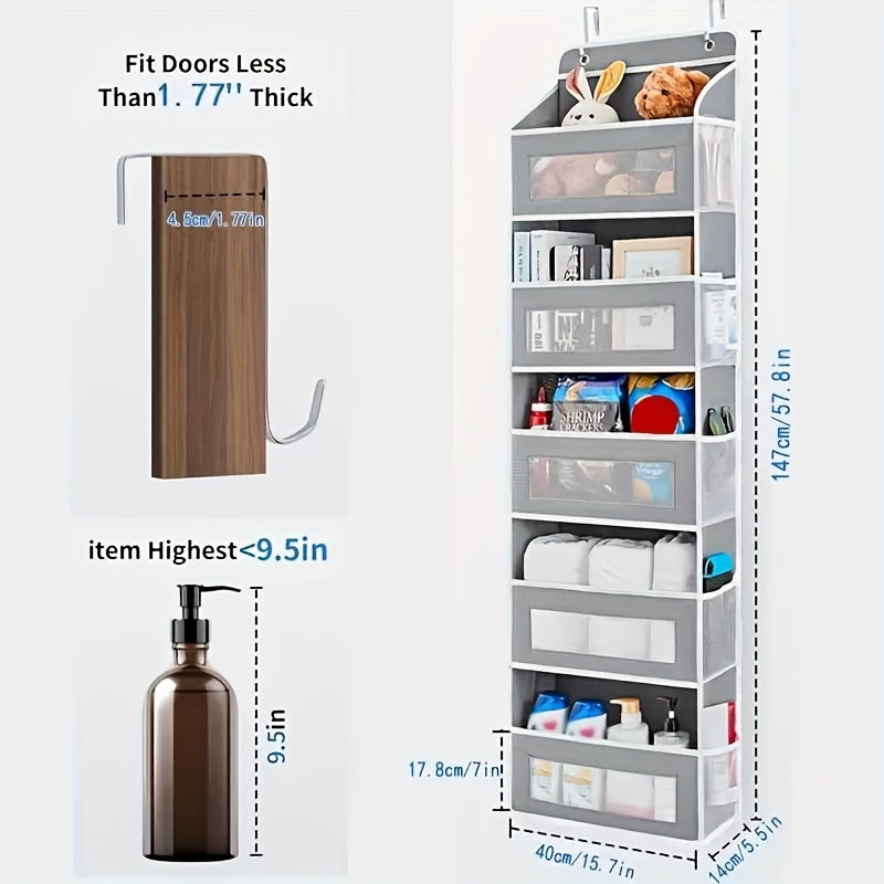 Multi-room hanging storage organizer with 5 shelves for tweens, fits doors up to 4.5cm thick, ideal for saving space in closets.