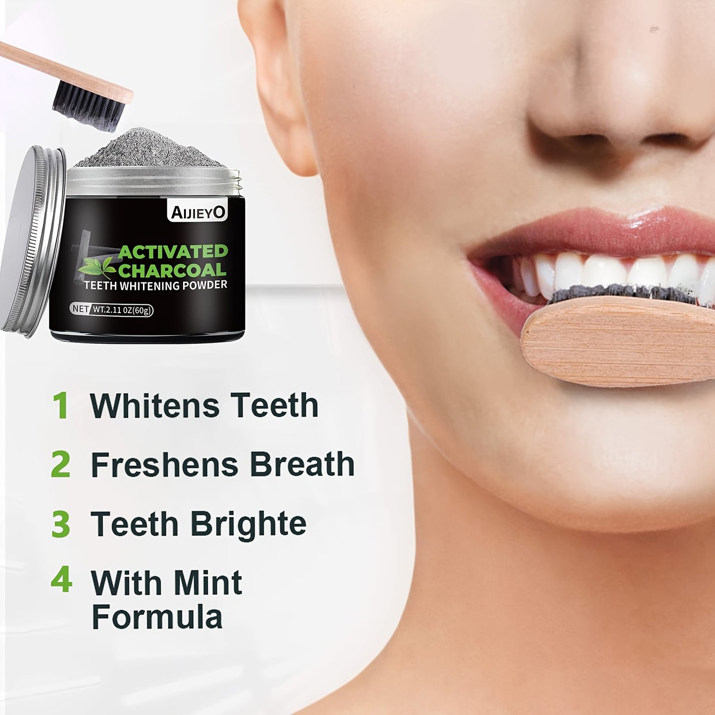 Charcoal teeth whitening powder with mint flavor freshens breath, brightens smile, and naturally whitens teeth and gums.