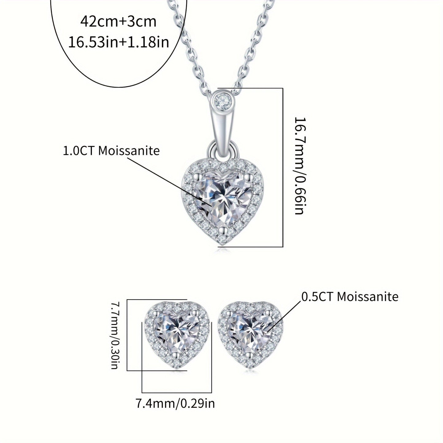 A set of elegant women's jewelry includes a pair of heart-shaped s925 silver earrings featuring 0.5ct*2 moissanite stones, a 1.0ct moissanite pendant necklace, and a matching necklace chain. The set weighs 2.88g for the necklace and 1.58g for the