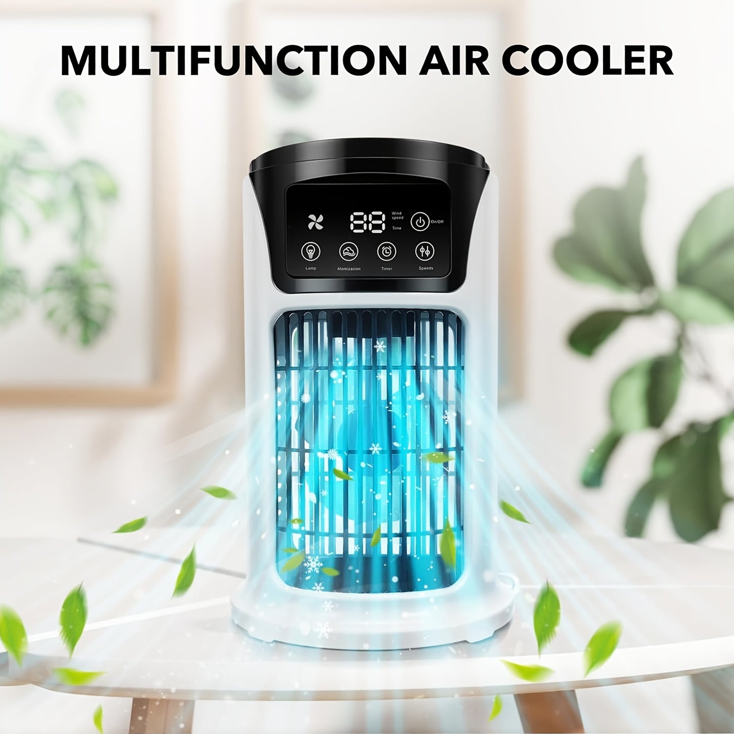 Portable USB device for home and office use, combines air conditioner, humidifier, and cooling fan with atmosphere light