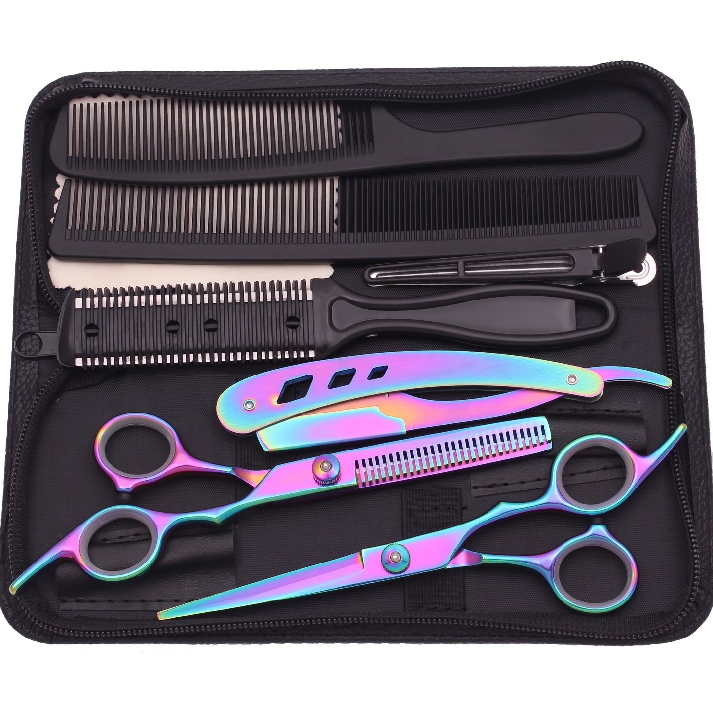 Japanese stainless hair cutting scissors and thinning shears set for barber shops and hairdressing, includes combs and razor