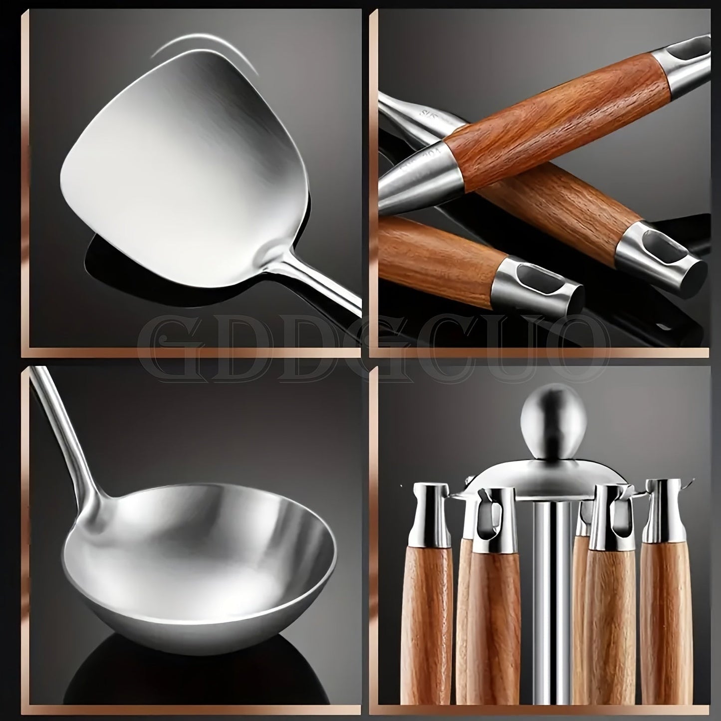 Seven pieces of cooking utensils made with durable 304 stainless steel, complete with a rotating stand storage box. The set includes a slotted spoon, slotted spatula, ladle, soup ladle, spreader, and spaghetti server.