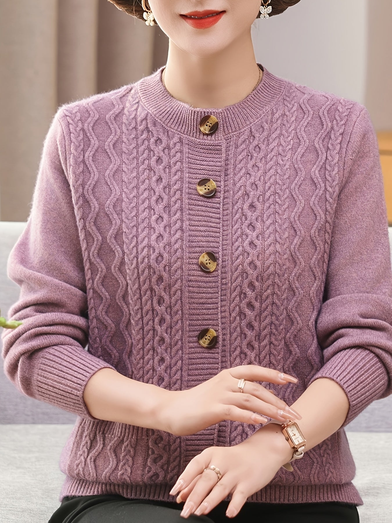 Women's cozy cable knit cardigan with button front, pocket, and long sleeves - perfect for all seasons