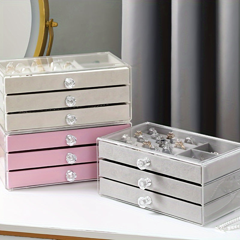 3-Layer Acrylic Jewelry Box with Flannel Lining and Large Capacity Drawer Organizer | Transparent Design with Dust Protection | Ideal for Earrings, Necklaces, and Rings.