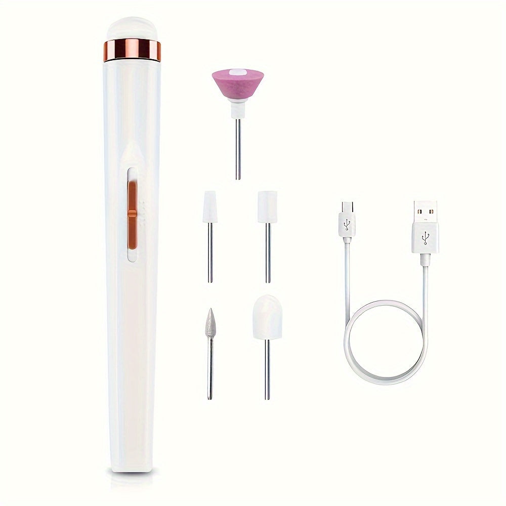 Portable electric nail drill with 5 attachment bits, LED light, adjustable speed, USB charge for manicure and nail care.