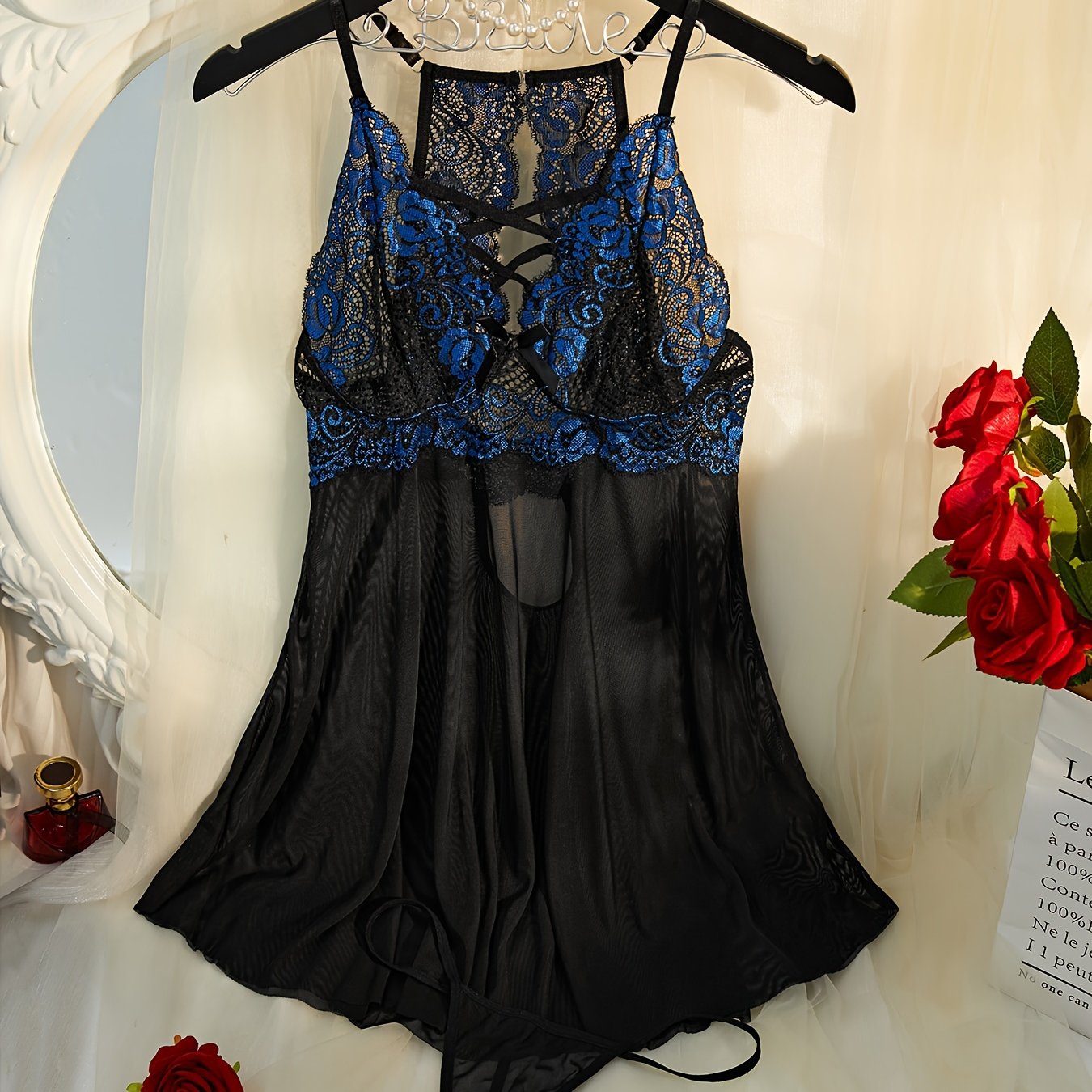 Cross-strap lace babydoll dress with thong set for women, semi-sheer with sexy colorblock design.