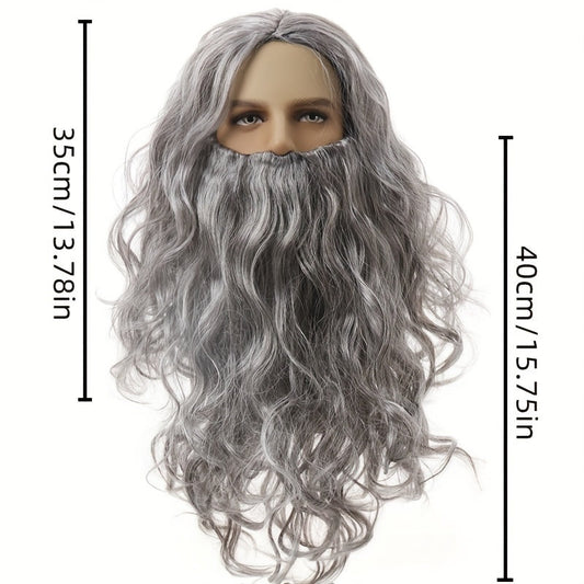 King Wig Cosplay Wig for Men, Long Grey Wavy Beard Wig, Synthetic and Heat-Resistant, Perfect for Halloween, Cosplay, Christmas Party