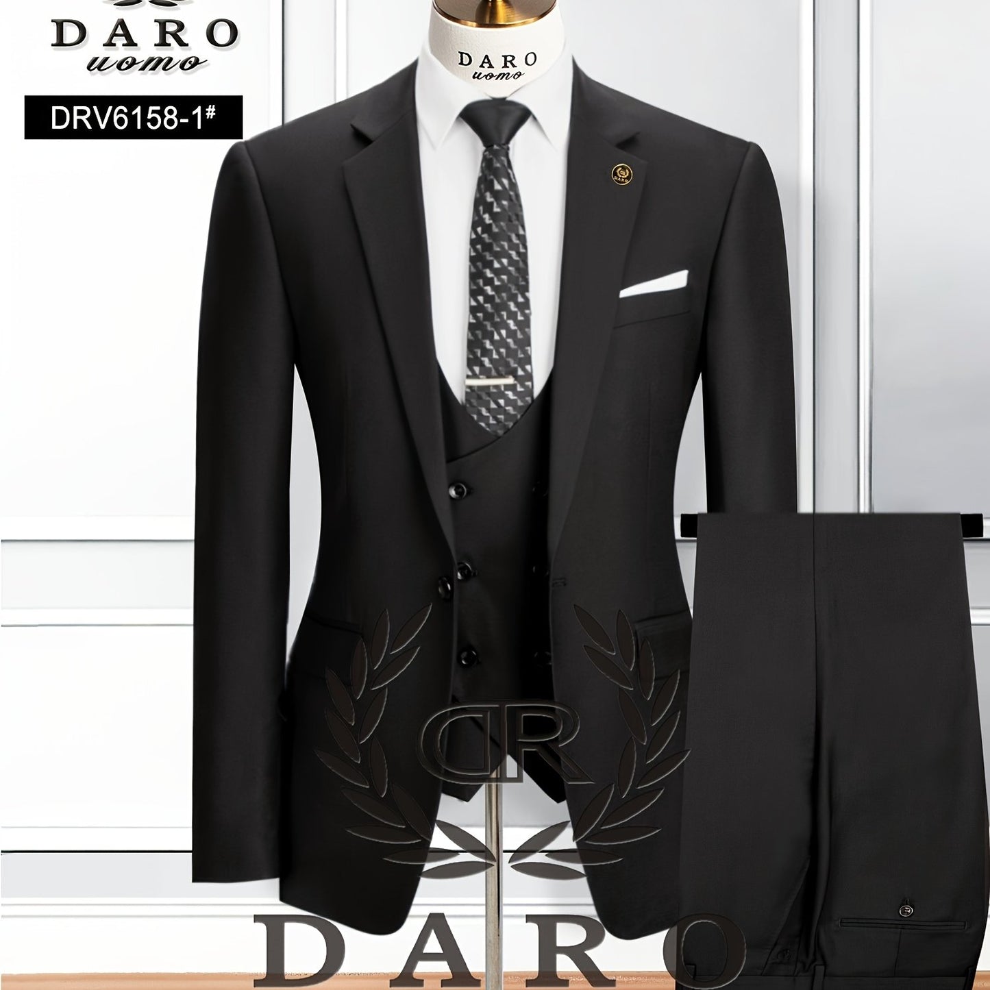 Three-piece men's business suit set includes jacket, vest, and trousers (shirt and tie not included).