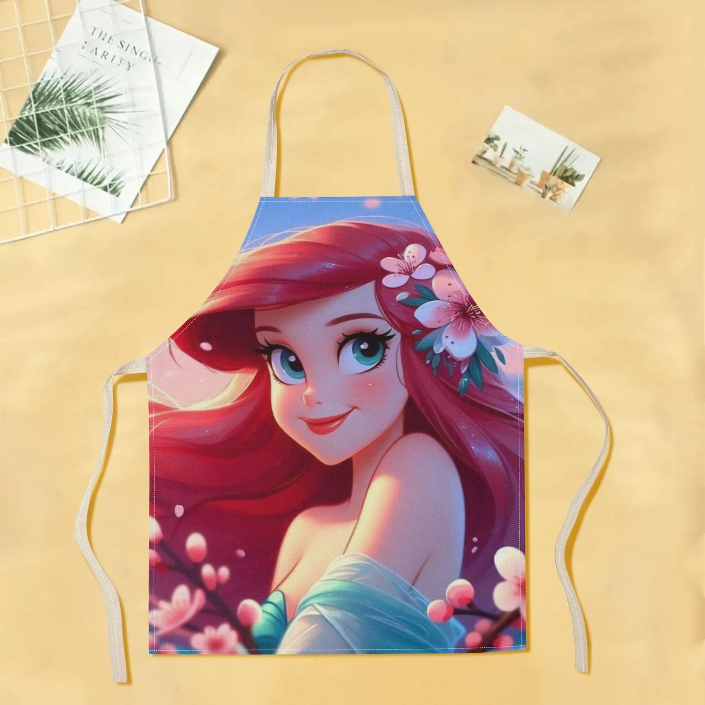 Elegantly stylish 1pc Disney Elsa Princess Cartoon Printed Apron, made with waterproof polyester woven fabric featuring a floral pattern. Perfect for use in the home, hotel, supermarket, restaurant, fruit shop, and milk tea stand.