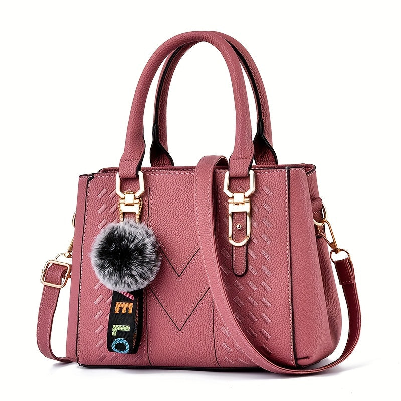 Mother's Day gift bag features women's trendy handbag with ball pendant, simple quilted shoulder crossbody style, perfect for mom and family.