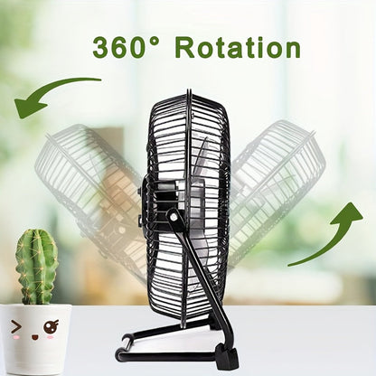 A portable USB plug-in desktop fan with a stylish 8-inch iron art design. Features 2-speed adjustable settings, 4 strong fan blades, and a 360° adjustable angle for maximum airflow.