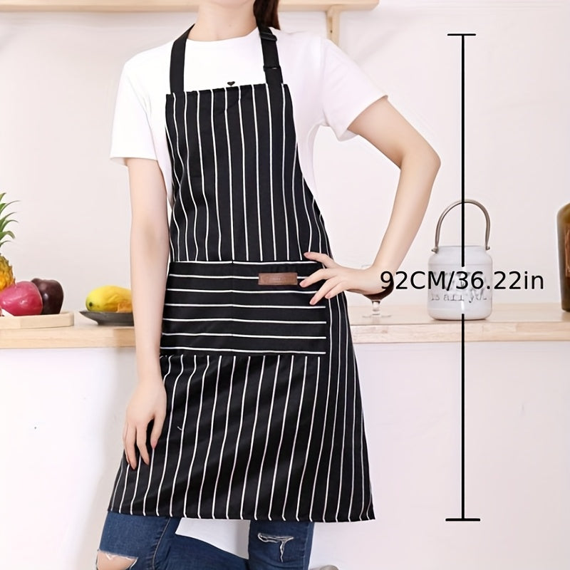 Adjustable Apron Set (2pcs) - Black and White Striped Aprons with Pocket for Men and Women, Perfect for Cooking and Home Kitchen Use