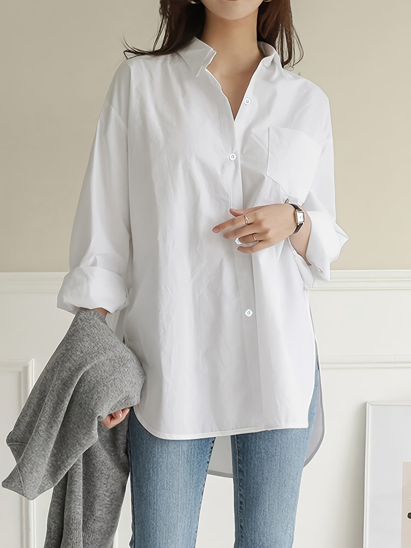 Women's white long sleeve button-up office shirt - loose fit, perfect for work or leisure in spring/fall.