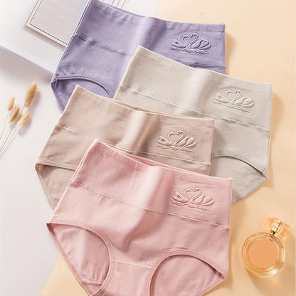 Set of 4 Women's High-Waisted Briefs in Lavender, Beige, and Pink. Comfortable and Slimming with Elastic Waistband and Crotch Detail.