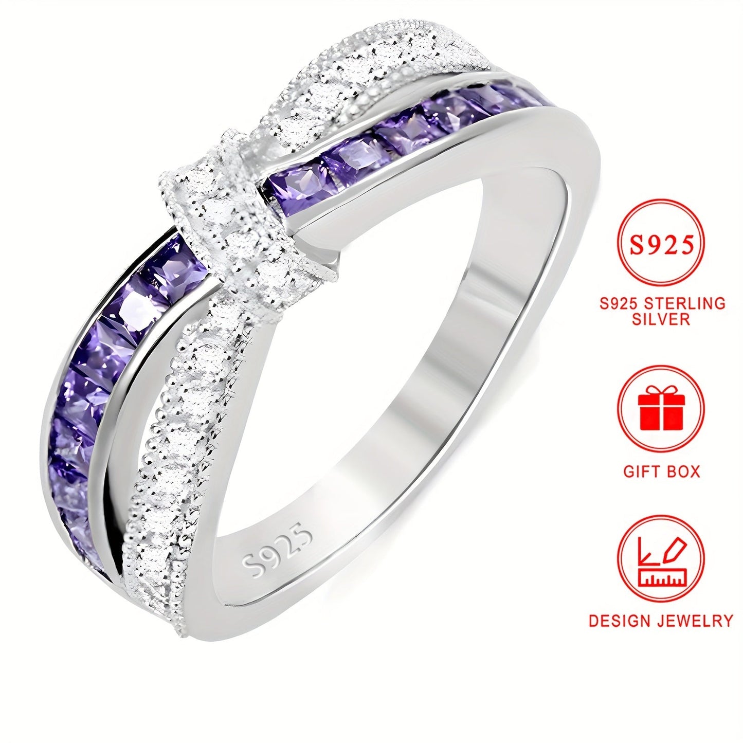 Ring:

This stunning ring is made of 925 sterling silver, with colorful shiny zirconia stones that form a cross bow design and feature a beautiful purple zirconia inlay. It is the perfect accessory for daily wear, parties, and holidays. This ring makes a