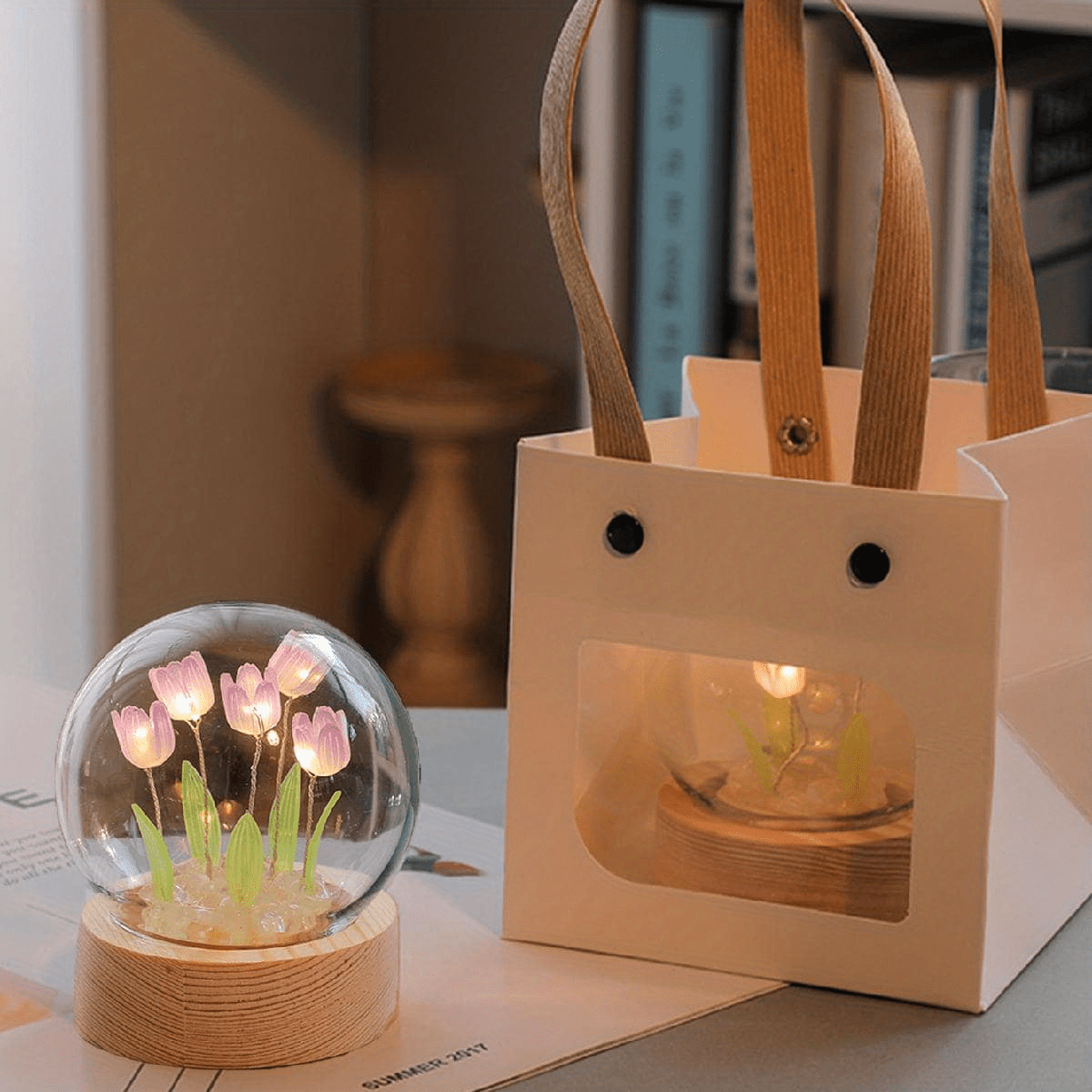 Modern handmade glass tulip night light with switch control. Perfect gift for Mother's Day or birthday. Battery-powered (battery not included).