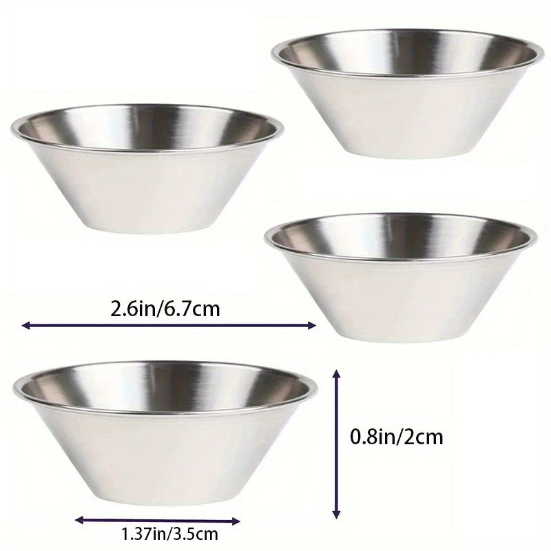 4 small stainless steel sauce cups in 6 sizes for commercial use, perfect for appetizers and condiments.