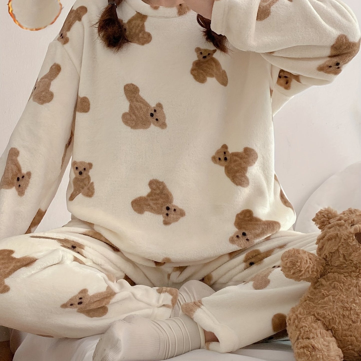 Cozy Teddy Bear Print Pajama Set for Women