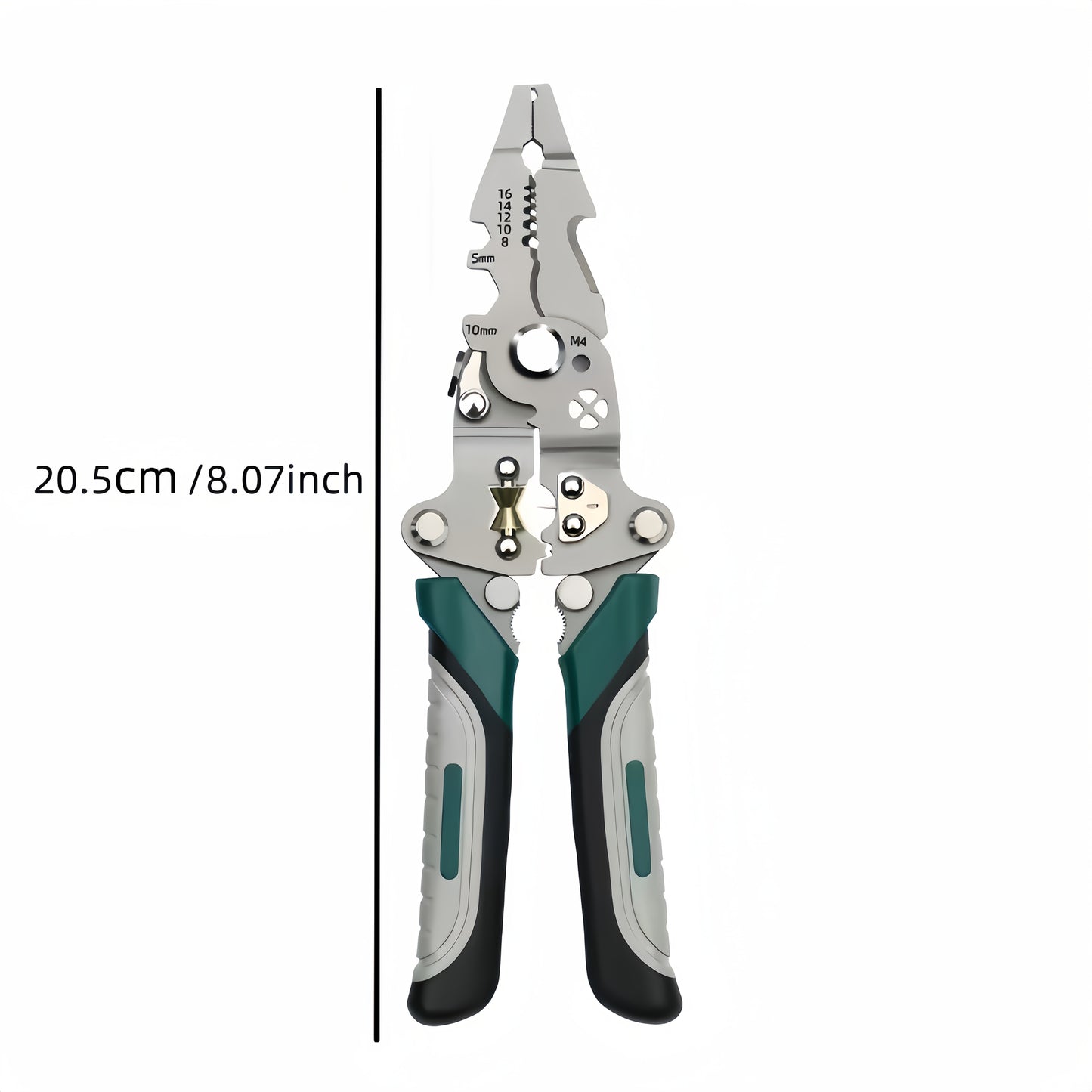 Multi-functional wire strippers made of industrial grade chrome vanadium steel with various functions for electricians, home renovation, and DIY projects.