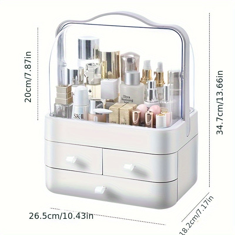 1pc Dust-Proof Cosmetic Storage Organizer, Plastic Makeup Holder with Drawers, Portable at 26.49 x 18.21 x 34.7 cm for Vanity or Bathroom Use