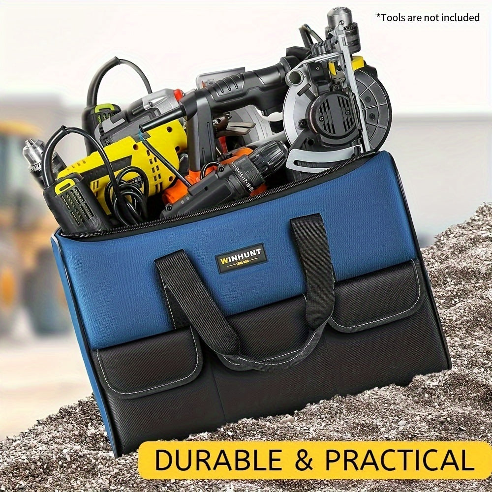 Durable tool bag with wide mouth for easy storage and organization, ideal for men, featuring inside pockets.