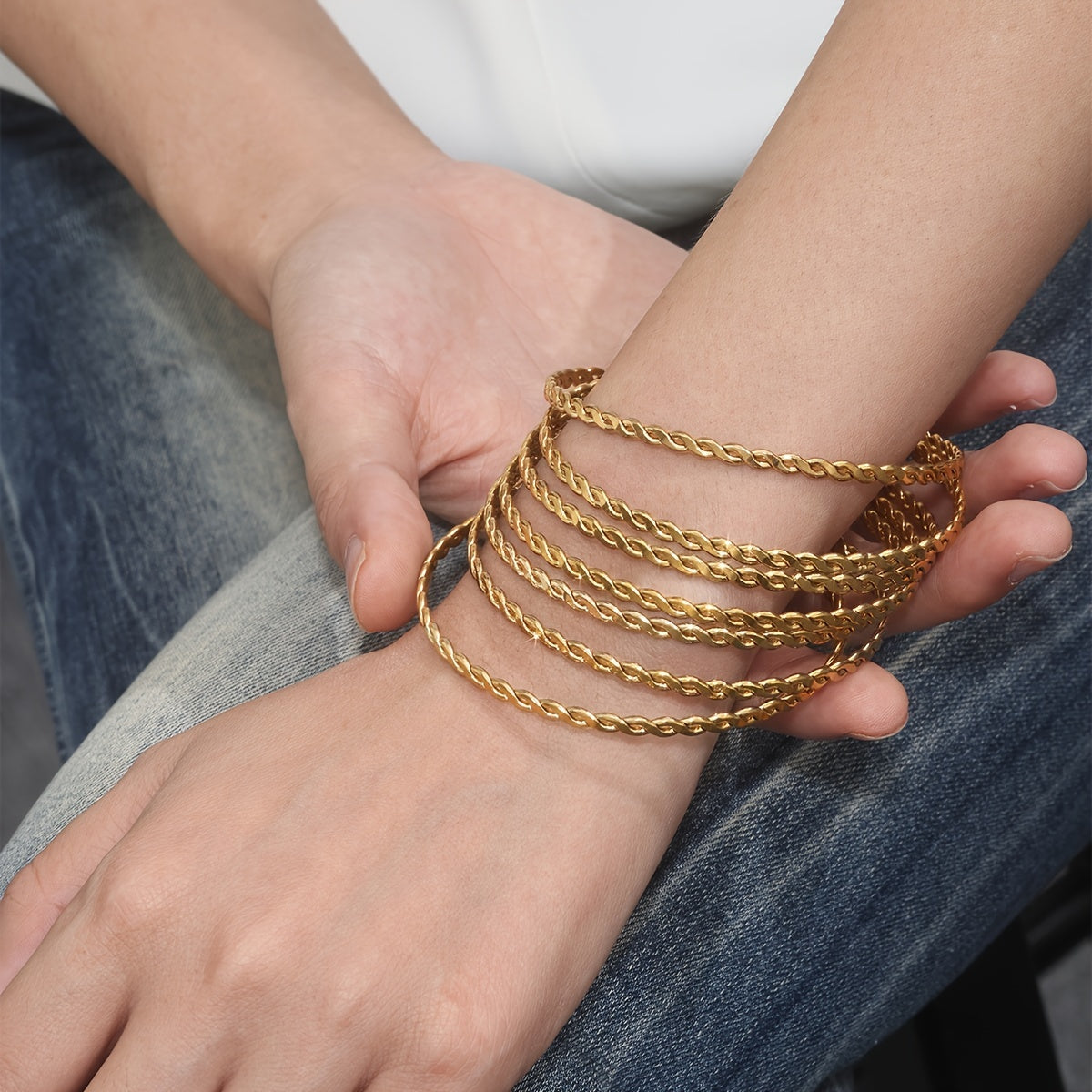 Set of 7 Vintage Boho Bangle Bracelets featuring a Simple Weave Design, 18K Golden Plated Stainless Steel, Ideal for Women for both Everyday and Special Occasions