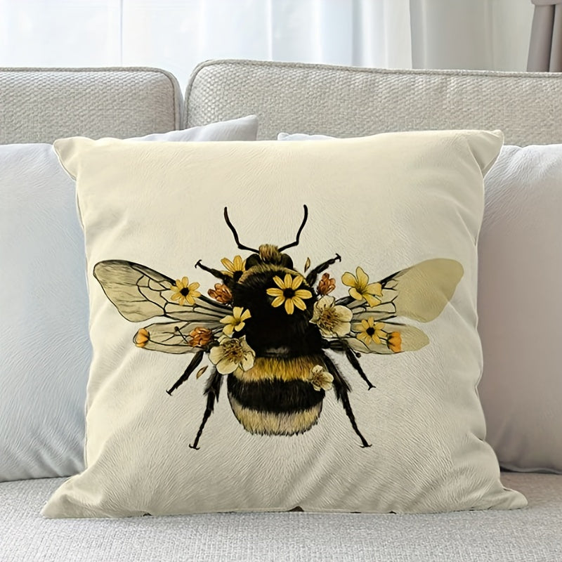 Yellow Floral Bee Throw Pillow Cover measuring 45.72x45.72 cm - Ideal Decorative Cushion Case for Sofa and Bed, Made of Polyester, Insert Not Included