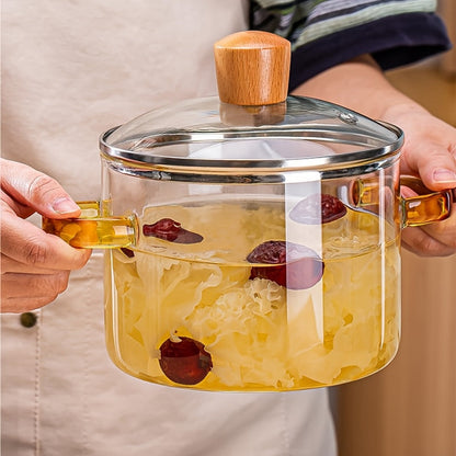 54oz Borosilicate Glass Cooker with Yellow Handle, Heat Resistant Transparent Soup/Congee pot that is suitable for use on stoves and ovens. Ideal for families and restaurants, perfect for preparing soups, milk, ramen and more. Easy to clean and odorless