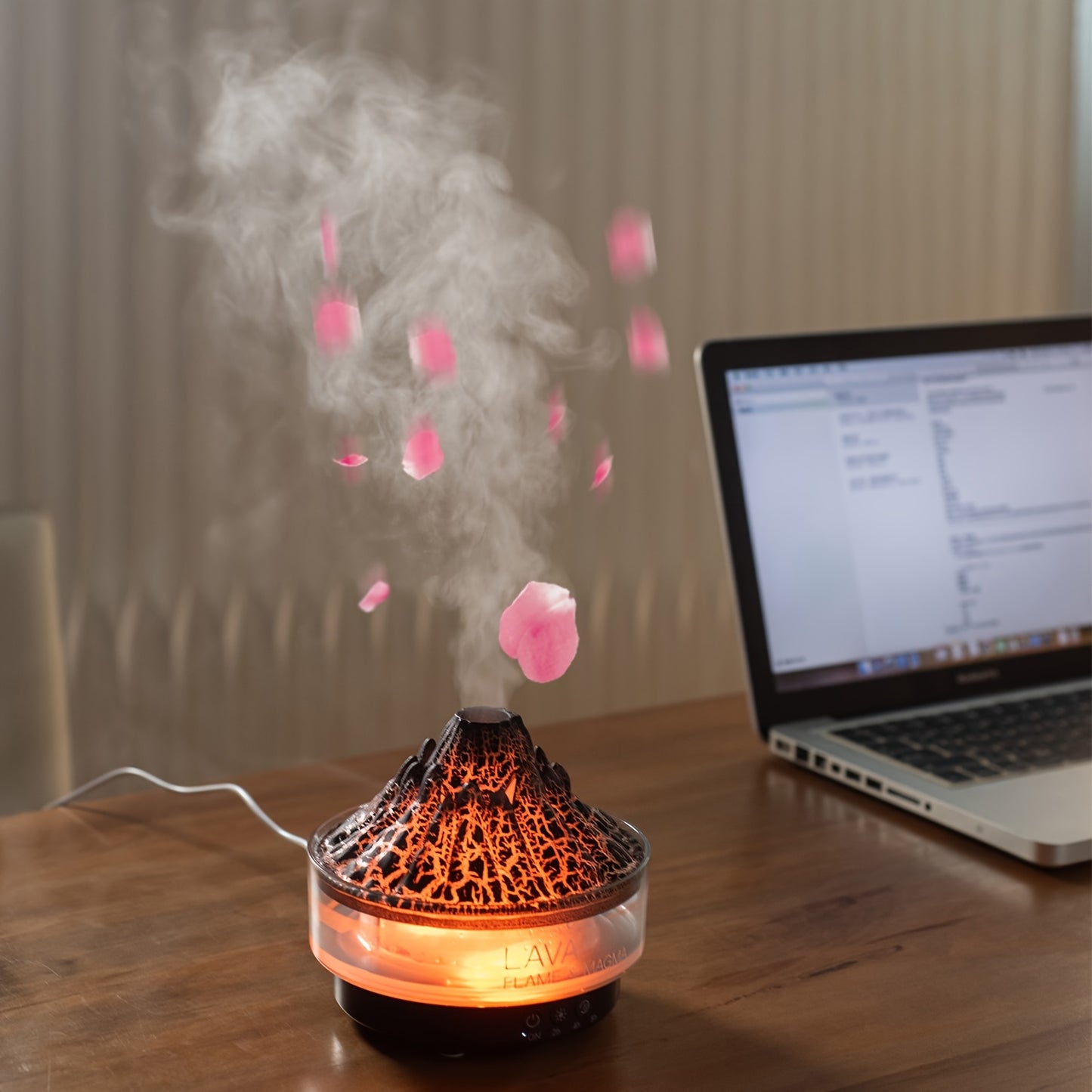 Large capacity Volcano Crackle Humidifier with Aromatherapy, Colorful LED lights, USB powered for home and office, ideal for creating bedroom ambiance.