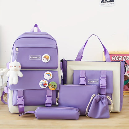 5-piece school bag set includes canvas backpack with plush bear, badge, coin purse, pencil case, handbag storage pouch, and crossbody bag for college. Cute style with stitching detail and