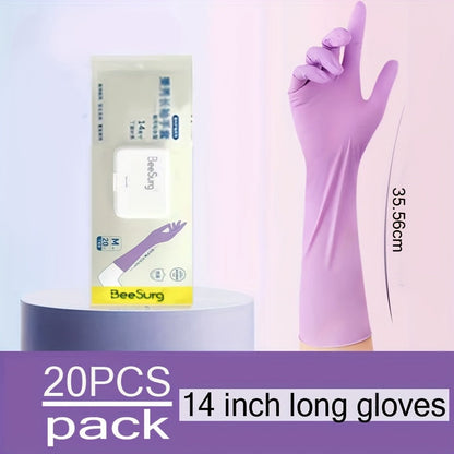 A package of 20 nitrile cleaning gloves with 14-inch long sleeves, waterproof, extra thick, highly elastic, ambidextrous, powder-free. Ideal for use in the kitchen, bathroom, outdoor, pet supplies, offering antibacterial protection for spot-cleaning.