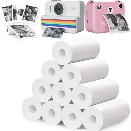 Pack of 10 thermal printer paper rolls for portable instant camera printer with smooth, recyclable surface and inkless printing.