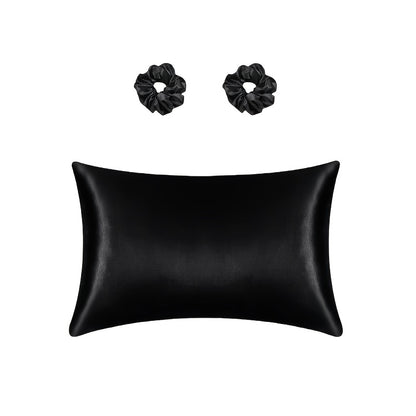 Luxurious satin pillowcase and hair scrunchies with minimalist design. Ideal for home, hotel, or bedroom use. Includes matching set of 2 scrunchies.