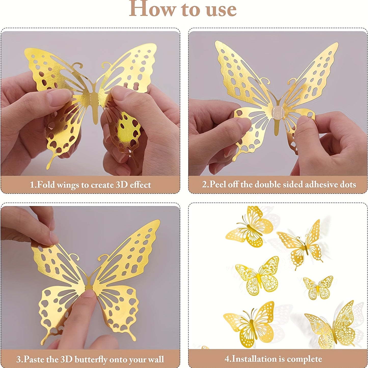 12pcs Golden 3D Butterfly Wall Decor Stickers, 3 Sizes - Removable, Strong Adhesive, Ideal for Parties, Weddings, Nurseries, Classrooms