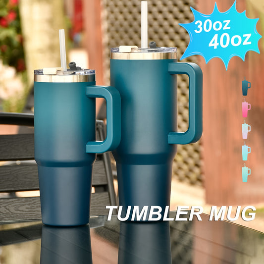 Stainless steel double-layer tumbler with handle, lid, and straw. Vacuum insulated for hot and cold beverages. Ideal for sports and outdoor activities.