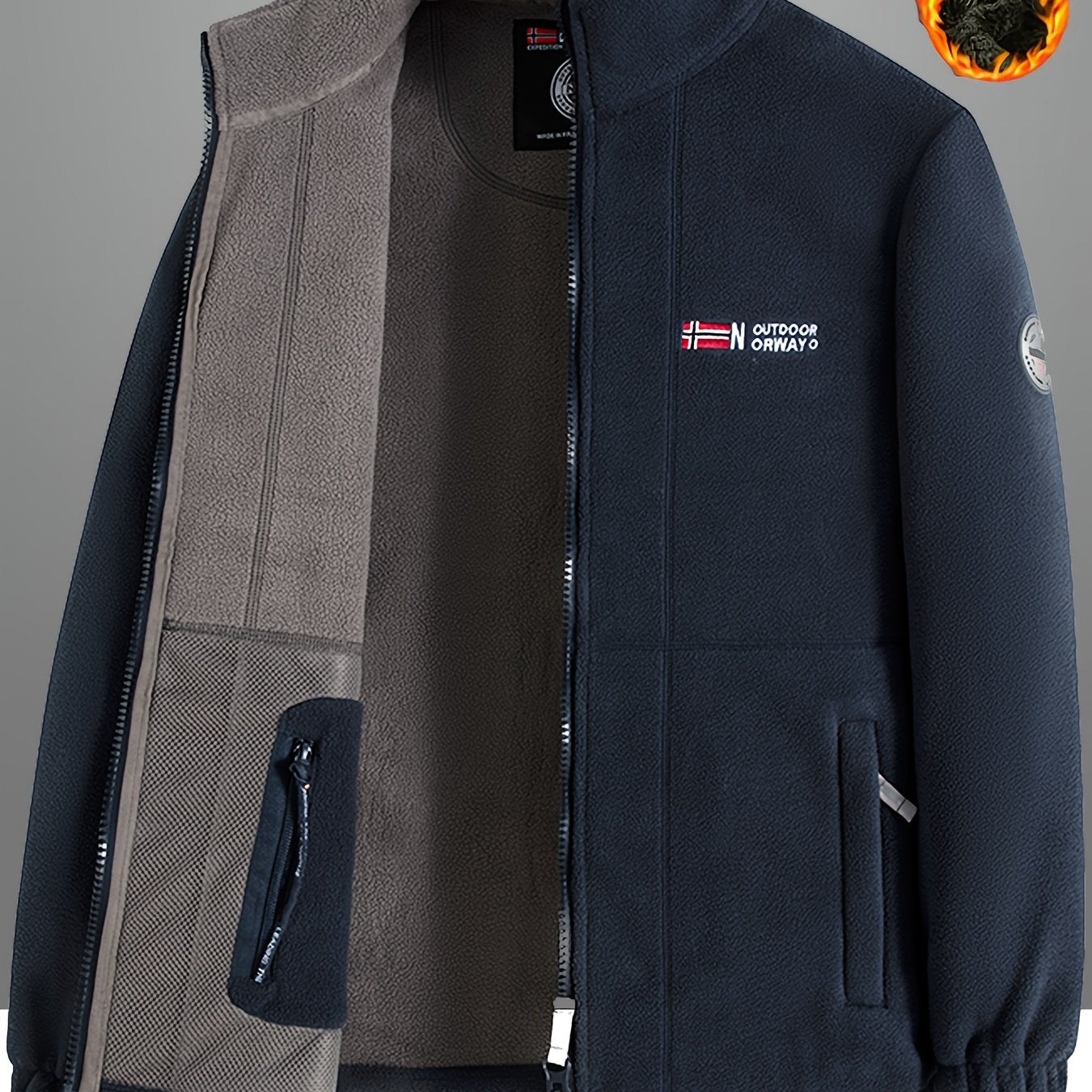 Men's thickened fleece zipper jacket for autumn/winter outdoor wear.