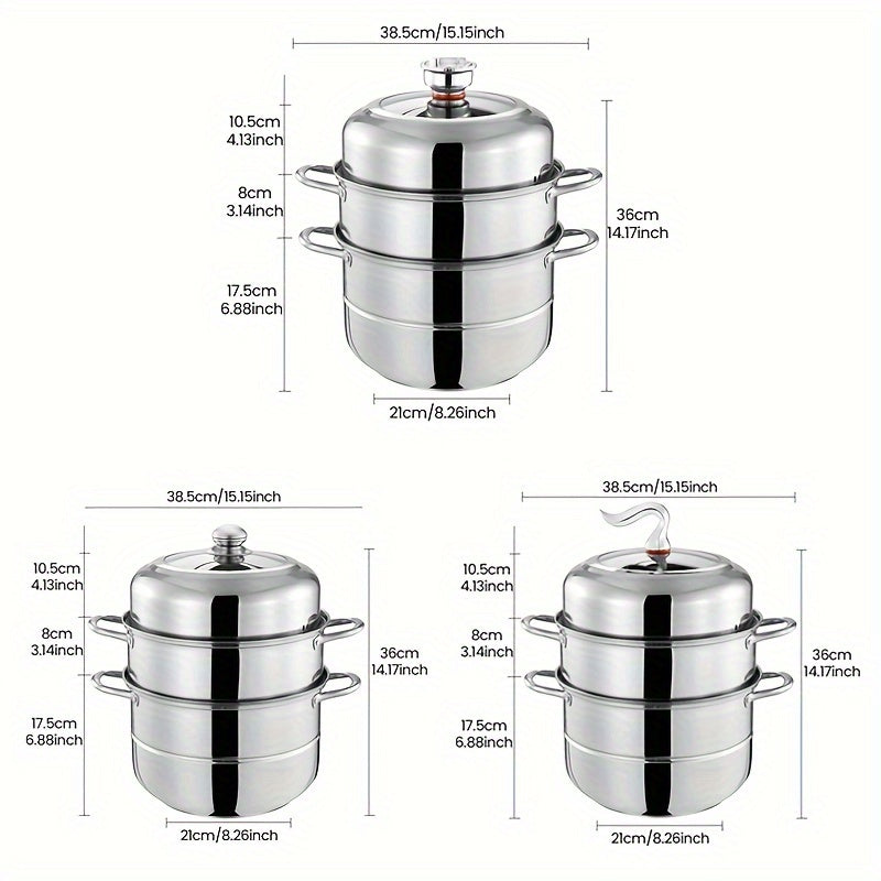 This versatile stainless steel steamer set includes a three-layer design with 1 soup pot, 1 steamer, 2 steamer plates, and 1 pot lid. With a deep capacity and multifunctional capabilities, this cooking pot can steam, boil, stew, and make soup with ease.