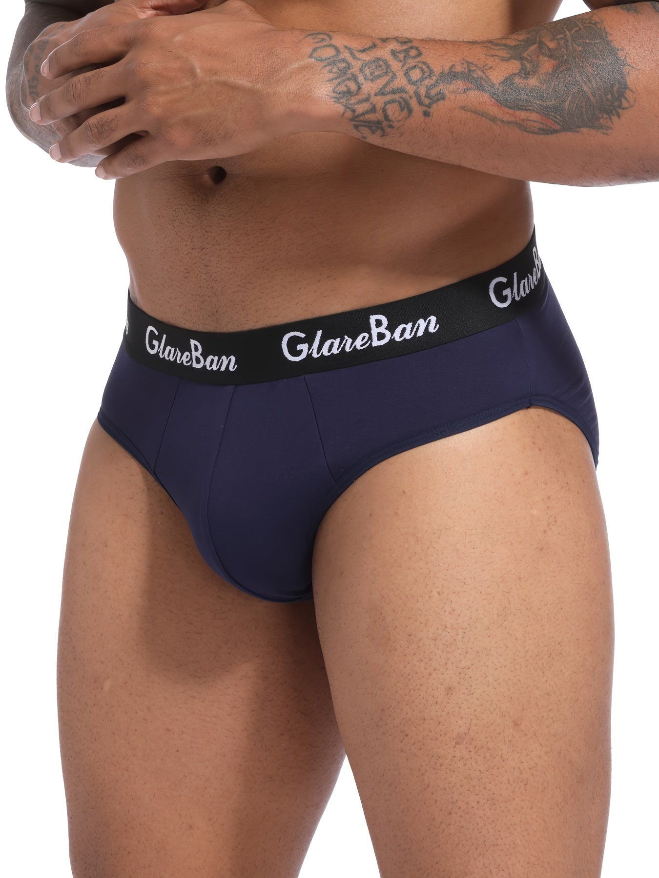 3 pack of men's underwear in dark gray, navy blue, and black with "GLAWNBAN" waistband, made of comfortable polyester blend. Stretchy, breathable, and supportive. Machine washable with